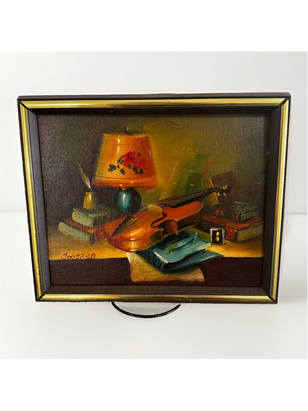 Vintage Mid Century Oil Painting Wood Panel Board Still Life Violin Lamp Signed